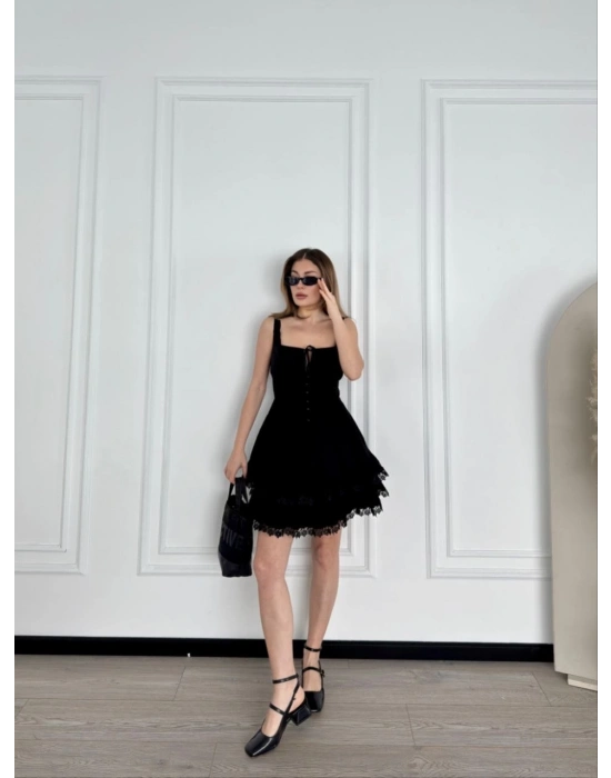 Mini Askılı Elbise - Siyah -