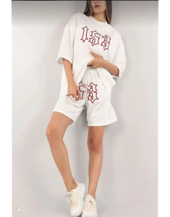 Nakış İşlemeli Şort Takım - Beyaz -