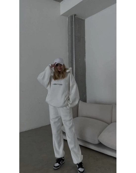 Nakış İşlemeli Üç İplik Sweat Takım- Beyaz -