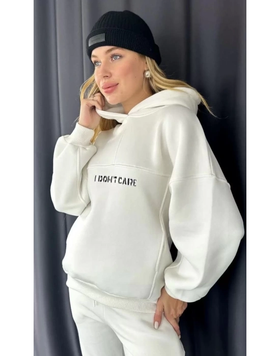 Nakış İşlemeli Üç İplik Sweat Takım- Beyaz -