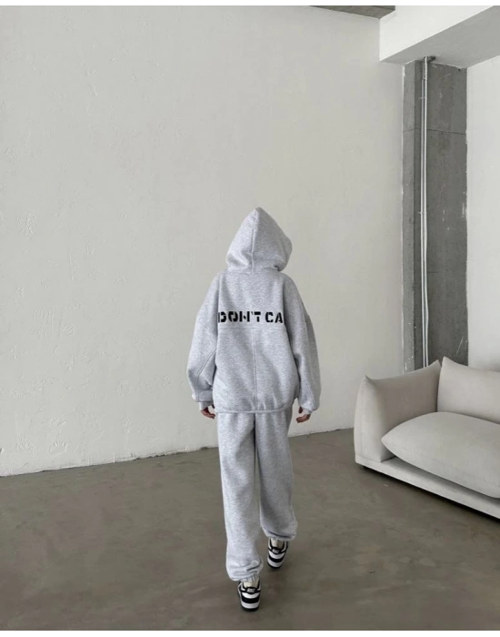 Nakış İşlemeli Üç İplik Sweat Takım- Gri -