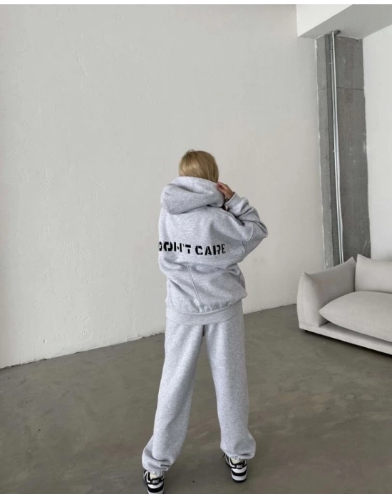 Nakış İşlemeli Üç İplik Sweat Takım- Gri -