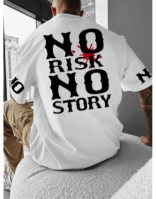 No Risk No Story Baskılı Oversize Bisiklet Yaka T-shirt - Beyaz -