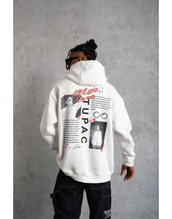 Ön Arka Baskılı Kapşonlu Sweat - Beyaz -