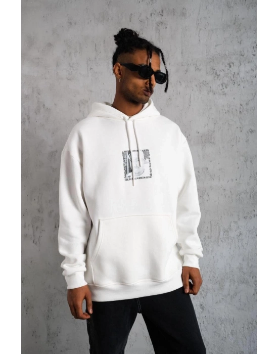 Ön Arka Baskılı Kapşonlu Sweat - Beyaz -