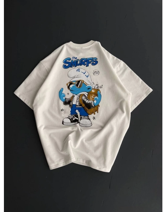 Ön ve Arka Baskılı Oversize Bisiklet Yaka T-shirt- Beyaz -