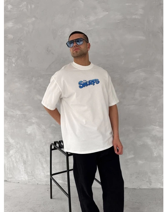 Ön ve Arka Baskılı Oversize Bisiklet Yaka T-shirt- Beyaz -