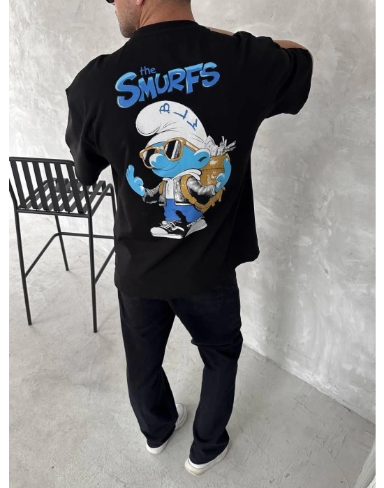 Ön ve Arka Baskılı Oversize Bisiklet Yaka T-shirt- Siyah -