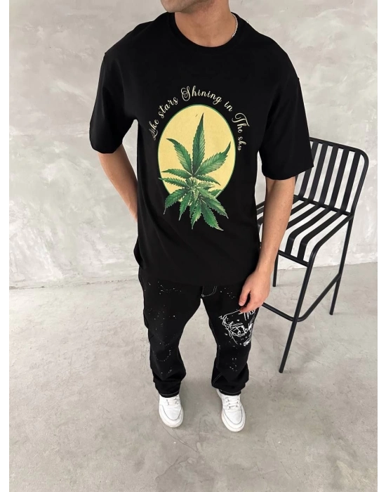 Ön ve Arka Baskılı Oversize Bisiklet Yaka T-shirt- Siyah -