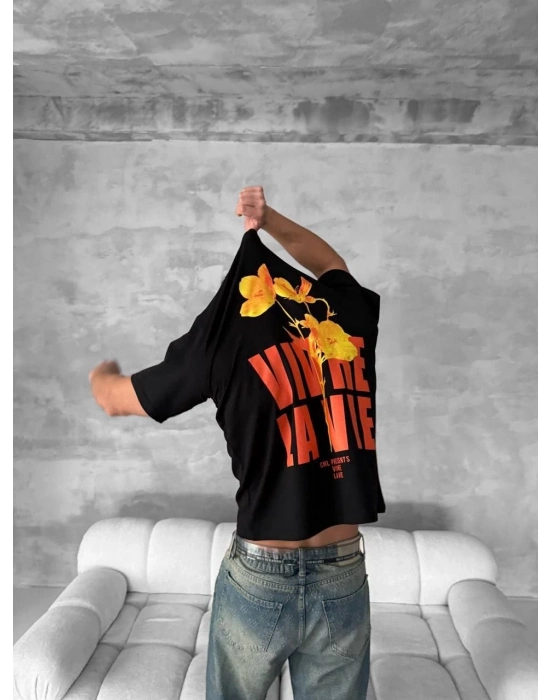 Ön ve Arka Baskılı Oversize Bisiklet Yaka T-shirt- Siyah -