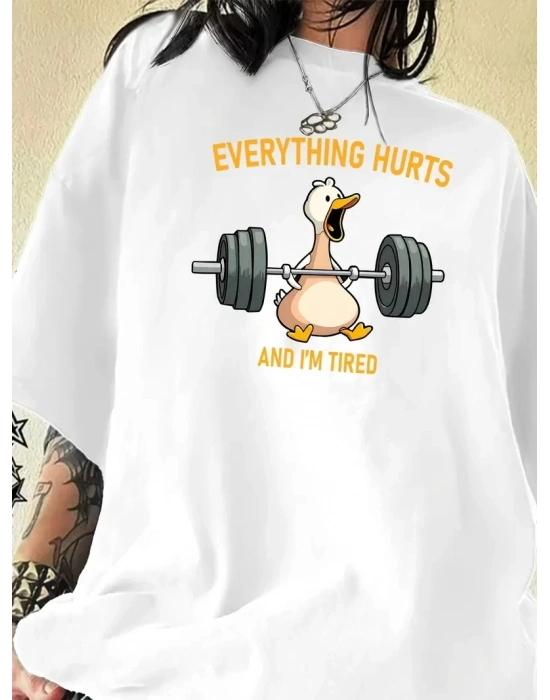 Ördek Baskılı ve Yuvarlak Yakalı   Günlük Büyük Boy Siyah Tişört. - Beyaz -