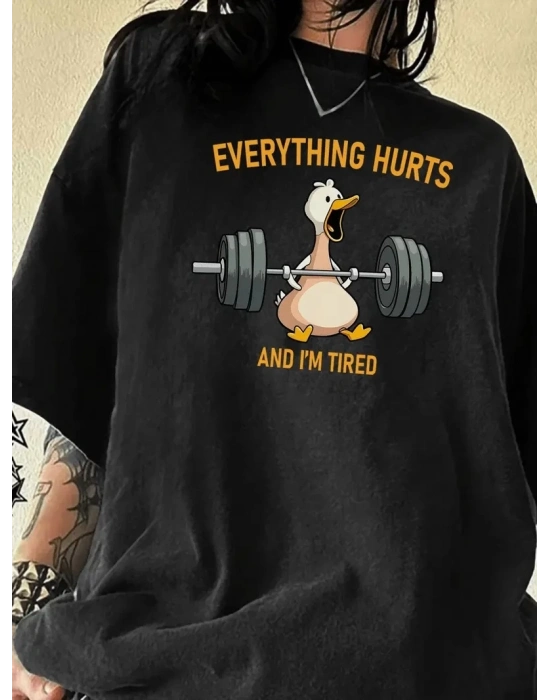 Ördek Baskılı ve Yuvarlak Yakalı   Günlük Büyük Boy Siyah Tişört. - Siyah -