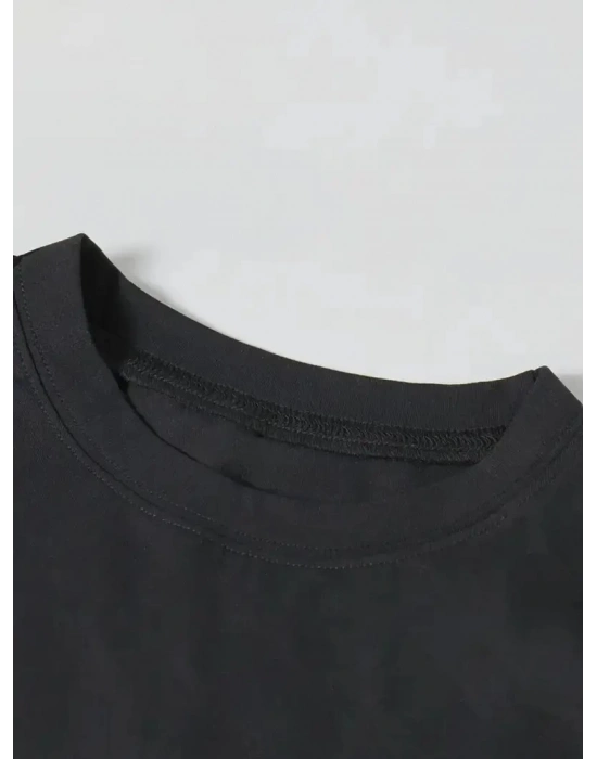 Ördek Baskılı ve Yuvarlak Yakalı   Günlük Büyük Boy Siyah Tişört. - Siyah -