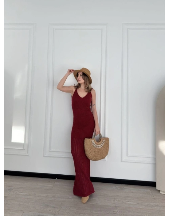 Örgülü Uzun Triko Elbise - Bordo -