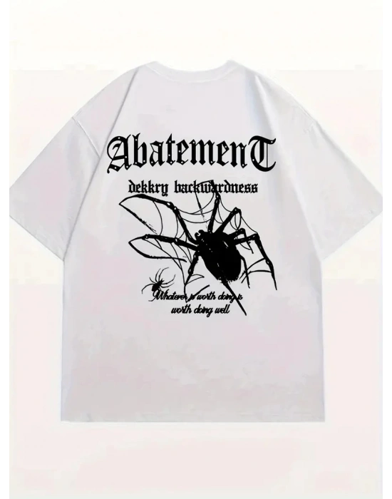 Örümcek Ağı Desenli Baskılı Oversize Bisiklet Yaka T-shirt  - Beyaz -