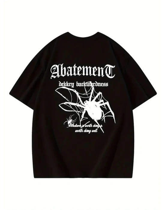 Örümcek Ağı Desenli Baskılı Oversize Bisiklet Yaka T-shirt - Siyah -