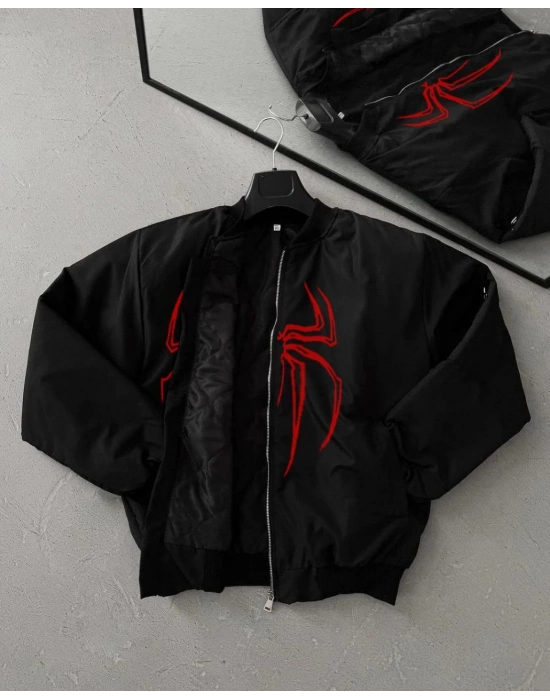 Örümcek Desenli Siyah Bomber Mont –    -