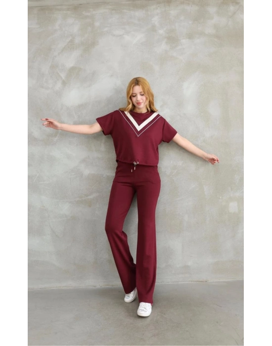 Osy Modal Yumuşak dokulu Kumaş Bisiklet Yaka Parçalı detaylı Kısa Kollu Takım - Bordo -