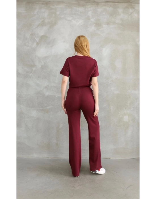 Osy Modal Yumuşak dokulu Kumaş Bisiklet Yaka Parçalı detaylı Kısa Kollu Takım - Bordo -