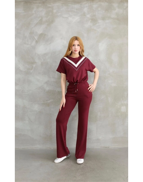 Osy Modal Yumuşak dokulu Kumaş Bisiklet Yaka Parçalı detaylı Kısa Kollu Takım - Bordo -