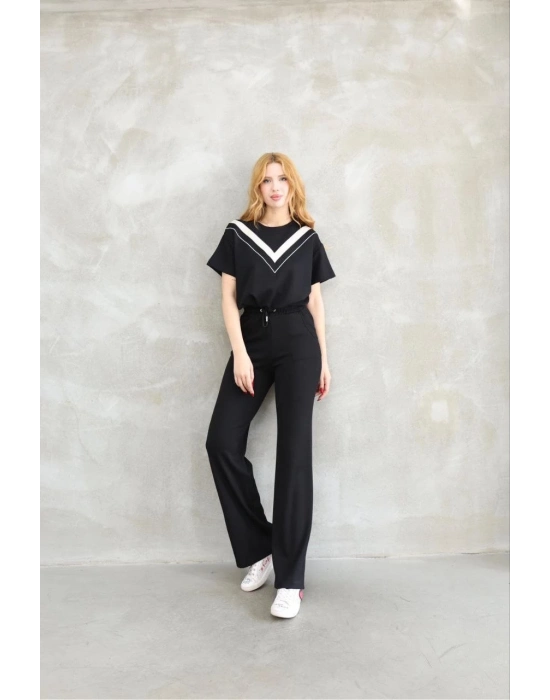 Osy Modal Yumuşak dokulu Kumaş Bisiklet Yaka Parçalı detaylı Kısa Kollu Takım - Siyah -
