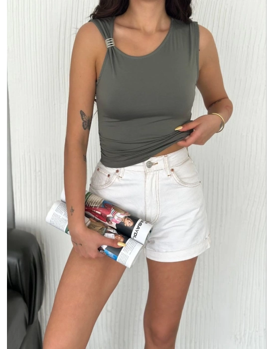 Osy Modal Yumuşak Dokulu Kumaş Bisiklet Yaka   Sıfır Kol Bluz Omuz Toka Aksesuar Detaylı - Haki -