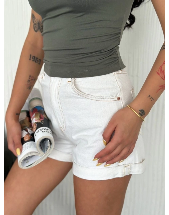 Osy Modal Yumuşak Dokulu Kumaş Bisiklet Yaka   Sıfır Kol Bluz Omuz Toka Aksesuar Detaylı - Haki -