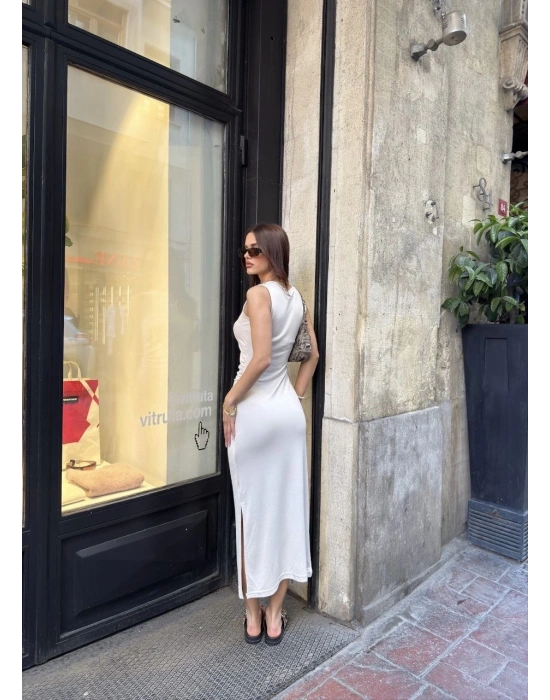 Osy Modal Yumuşak Dokulu Kumaş Bisiklet Yaka Sıfır Kolsuz Yırtmaçlı Uzun Elbise - Beyaz -