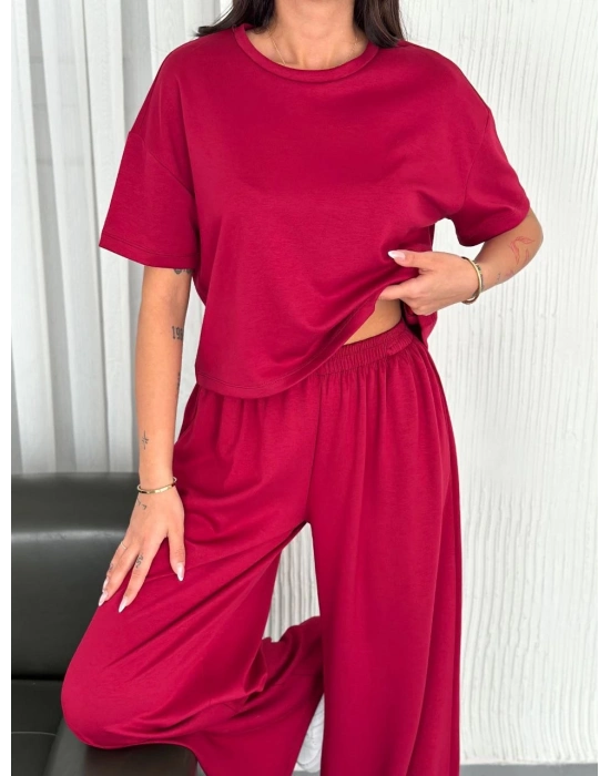 Osy Modal Yumuşak Dokulu Kumaş Bisiklet Yaka T-shirt Bol paça Pantalon ikili Takım -Bordo -