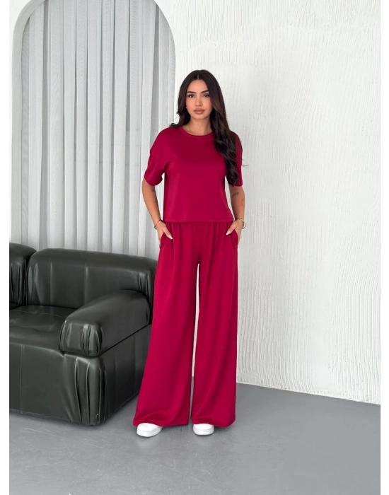 Osy Modal Yumuşak Dokulu Kumaş Bisiklet Yaka T-shirt Bol paça Pantalon ikili Takım -Bordo -
