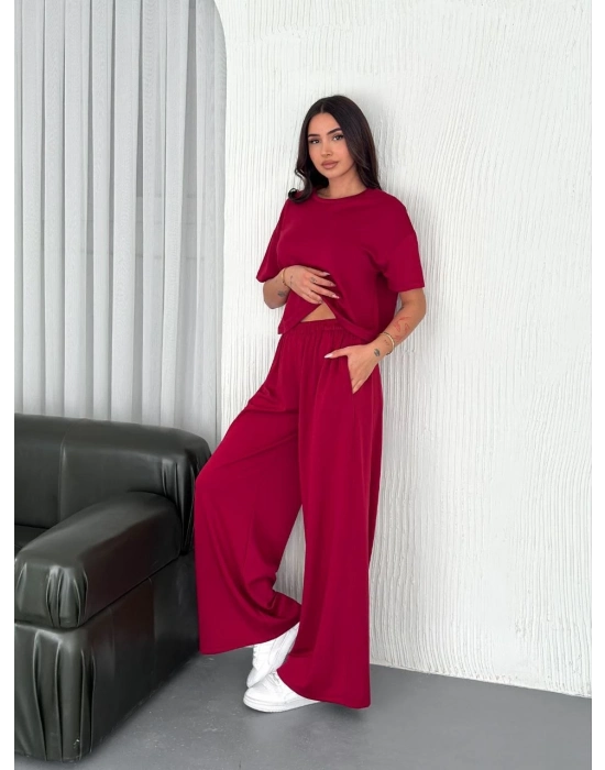 Osy Modal Yumuşak Dokulu Kumaş Bisiklet Yaka T-shirt Bol paça Pantalon ikili Takım -Bordo -