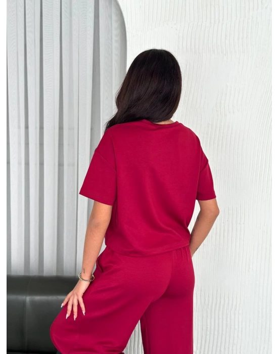 Osy Modal Yumuşak Dokulu Kumaş Bisiklet Yaka T-shirt Bol paça Pantalon ikili Takım -Bordo -