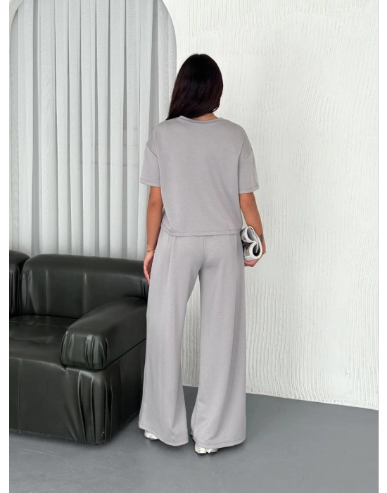 Osy Modal Yumuşak Dokulu Kumaş Bisiklet Yaka T-shirt Bol paça Pantalon ikili Takım - Boyalı Gri -