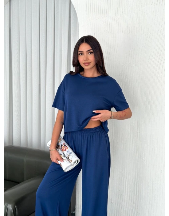 Osy Modal Yumuşak Dokulu Kumaş Bisiklet Yaka T-shirt Bol paça Pantalon ikili Takım -Saks Mavi -