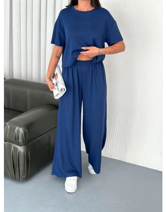 Osy Modal Yumuşak Dokulu Kumaş Bisiklet Yaka T-shirt Bol paça Pantalon ikili Takım -Saks Mavi -