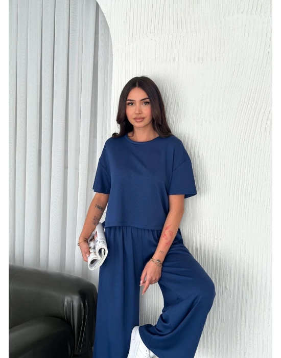 Osy Modal Yumuşak Dokulu Kumaş Bisiklet Yaka T-shirt Bol paça Pantalon ikili Takım -Saks Mavi -