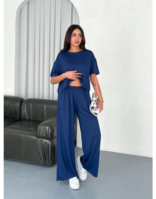 Osy Modal Yumuşak Dokulu Kumaş Bisiklet Yaka T-shirt Bol paça Pantalon ikili Takım -Saks Mavi -