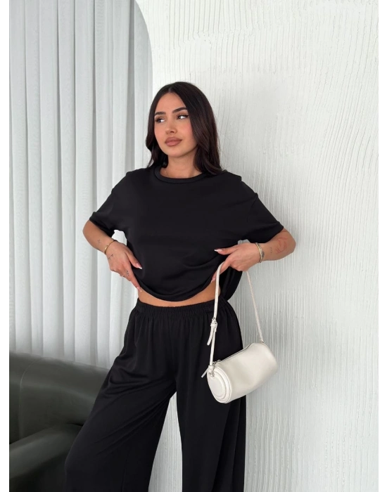 Osy Modal Yumuşak Dokulu Kumaş Bisiklet Yaka T-shirt Bol paça Pantalon ikili Takım -Siyah -