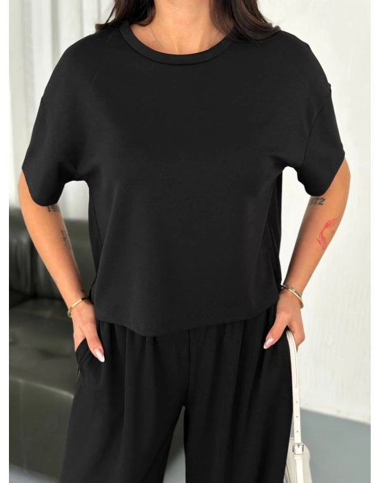 Osy Modal Yumuşak Dokulu Kumaş Bisiklet Yaka T-shirt Bol paça Pantalon ikili Takım -Siyah -