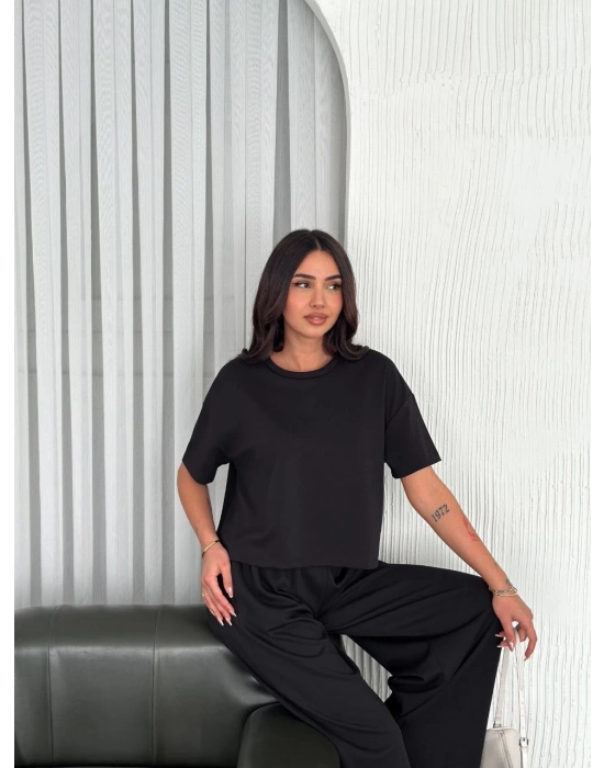 Osy Modal Yumuşak Dokulu Kumaş Bisiklet Yaka T-shirt Bol paça Pantalon ikili Takım -Siyah -