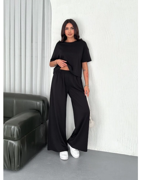 Osy Modal Yumuşak Dokulu Kumaş Bisiklet Yaka T-shirt Bol paça Pantalon ikili Takım -Siyah -