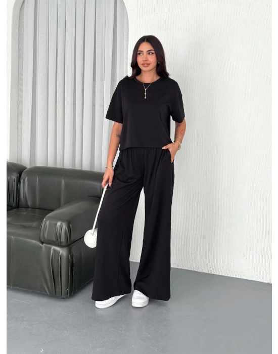 Osy Modal Yumuşak Dokulu Kumaş Bisiklet Yaka T-shirt Bol paça Pantalon ikili Takım -Siyah -