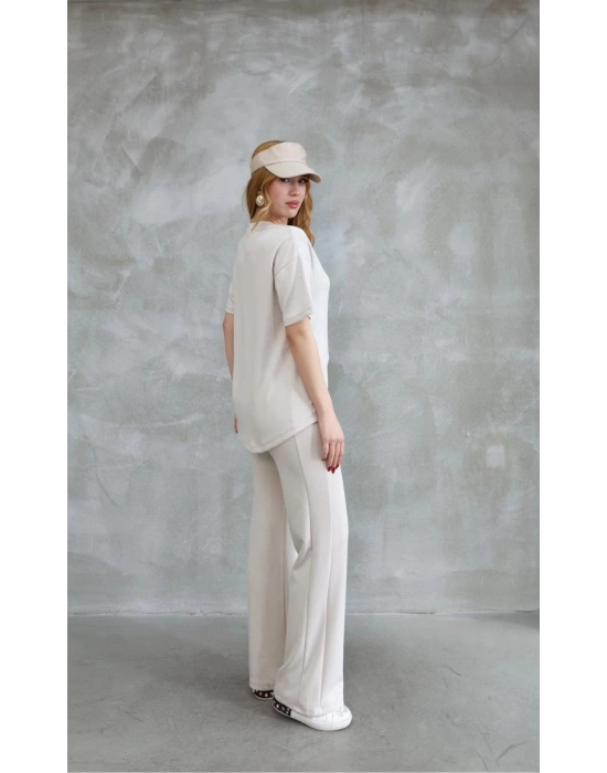 Osy Modal Yumuşak dokulu Kumaş Bisiklet Yaka Taş detaylı Kısa Kollu Takım - Kırık Beyaz -