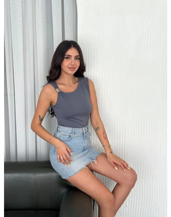 Osy Modal Yumuşak Dokulu Kumaş Bluz Aksesuar Detaylı - Antrasit -