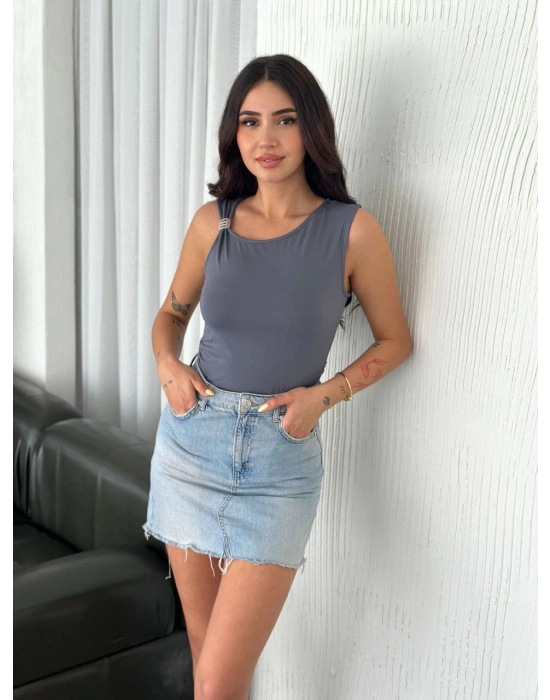 Osy Modal Yumuşak Dokulu Kumaş Bluz Aksesuar Detaylı - Antrasit -