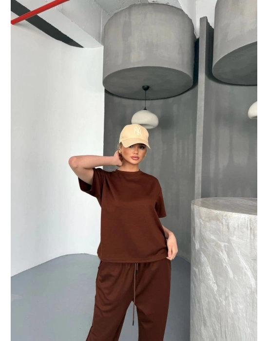 Osy Modal Yumuşak Dokulu Kumaş Kısa Kollu Bluz Rahat Pantalon ikili Takım- Kahverengi -