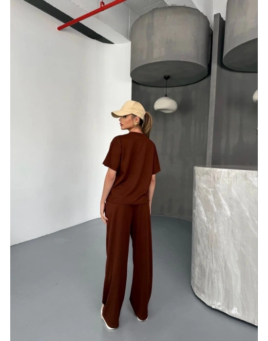 Osy Modal Yumuşak Dokulu Kumaş Kısa Kollu Bluz Rahat Pantalon ikili Takım- Kahverengi -