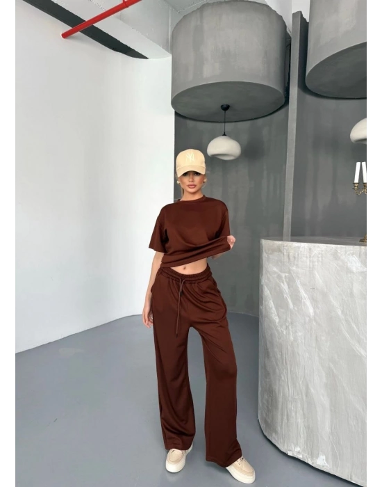Osy Modal Yumuşak Dokulu Kumaş Kısa Kollu Bluz Rahat Pantalon ikili Takım- Kahverengi -