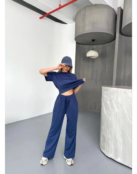 Osy Modal Yumuşak Dokulu Kumaş Kısa Kollu Bluz Rahat Pantalon ikili Takım- Lacivert -