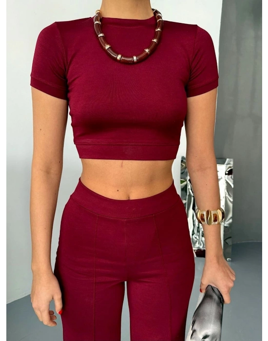 Osy Modal Yumuşak Dokulu Kumaş Kısa Kollu Crop Alt ispanyol Paça Pantalon ikili Takım - Bordo -